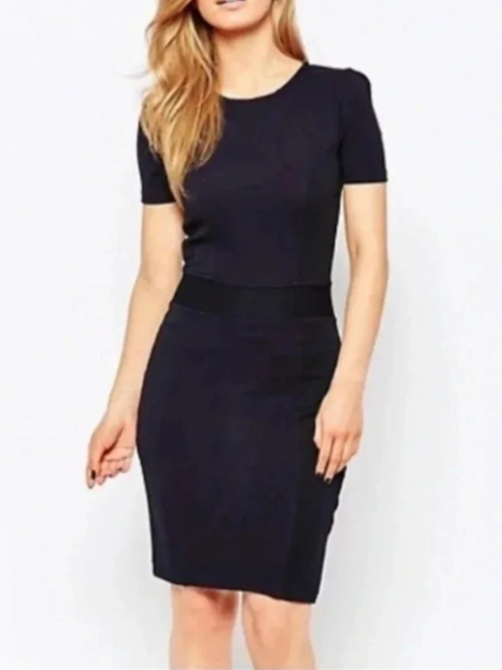 French Connection Textured Panel Body Con Knee Length Dress Navy Blue Size 2